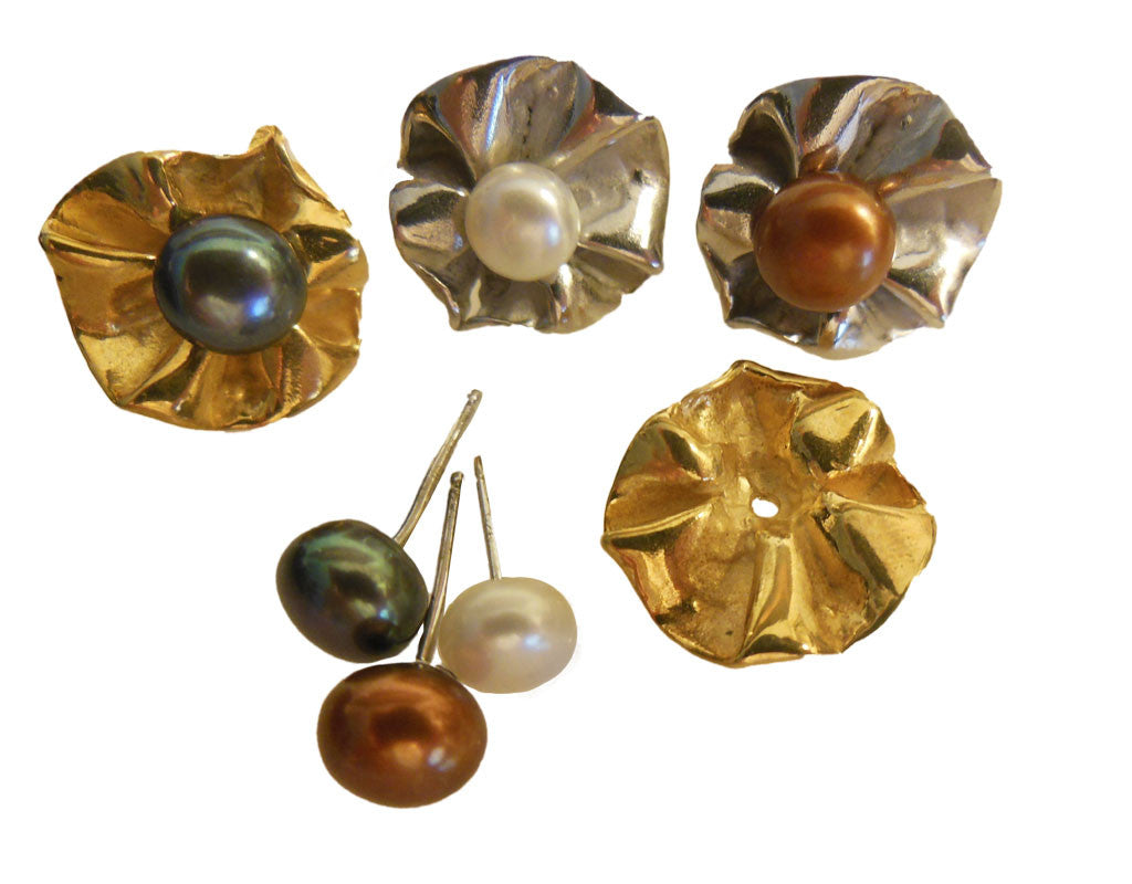 Ruffle Pearl Enhancer: Diamond in 18K Solid Gold Dot Set in Sterling Silver. Fits on Beads & Cords, too