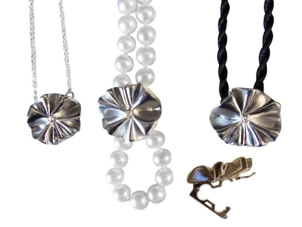 Ruffle Pearl Enhancer: Diamond in 18K Solid Gold Dot Set in Sterling Silver.  Fits on Beads & Cords, too