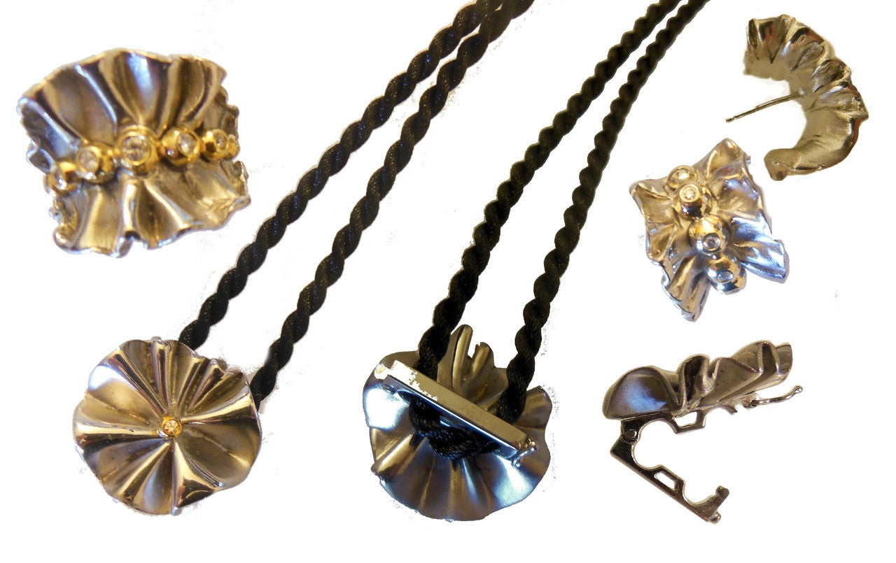 Ruffle Pearl Enhancer: Diamond in 18K Solid Gold Dot Set in Sterling Silver.  Fits on Beads & Cords, too