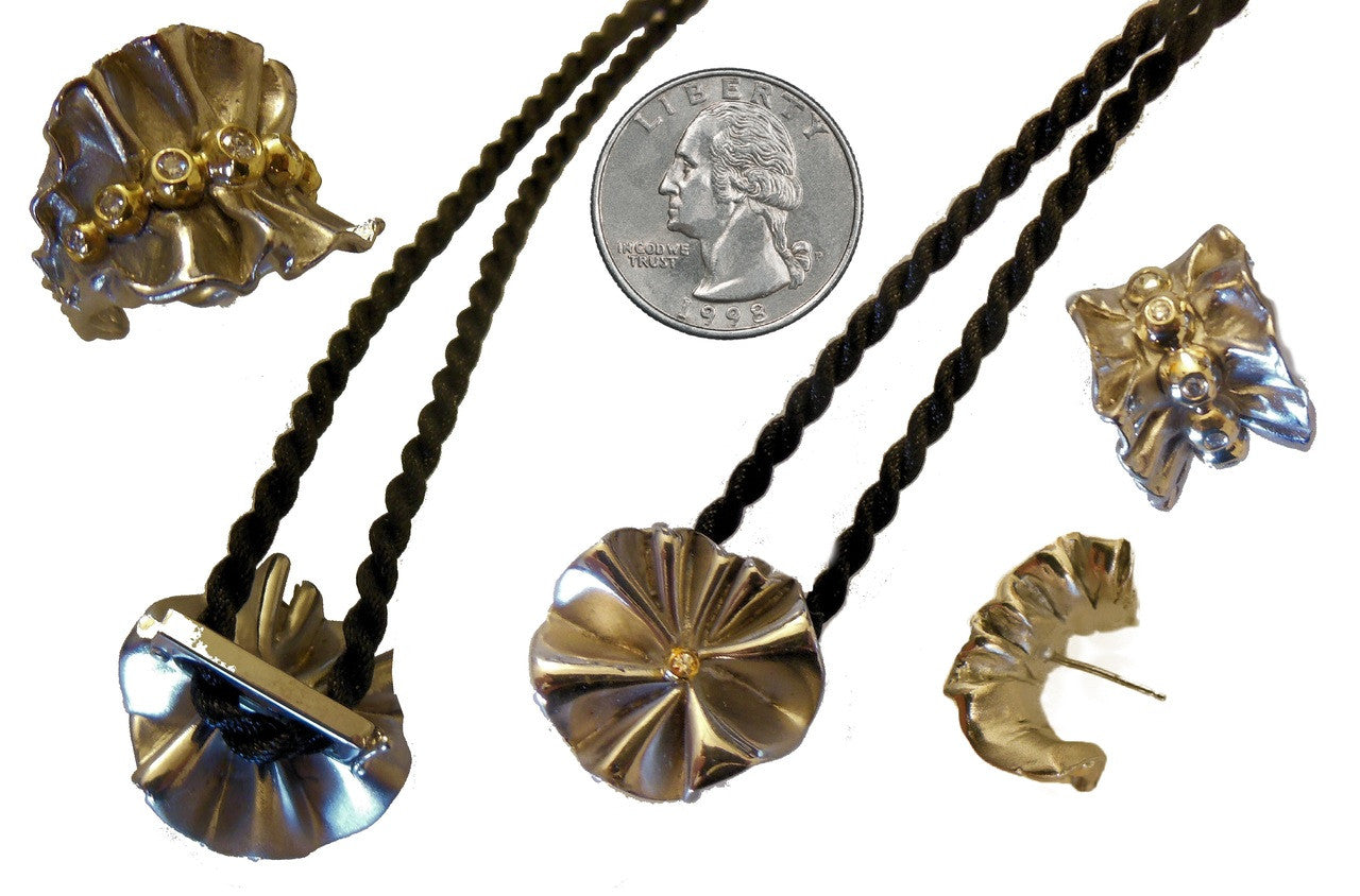 Ruffle Pearl Enhancer: Diamond in 18K Solid Gold Dot Set in Sterling Silver.  Fits on Beads & Cords, too