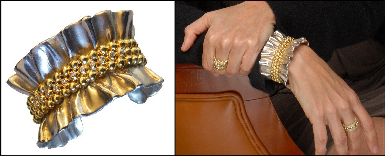 Ruffle Pearl Enhancer: Diamond in 18K Solid Gold Dot Set in Sterling Silver.  Fits on Beads & Cords, too