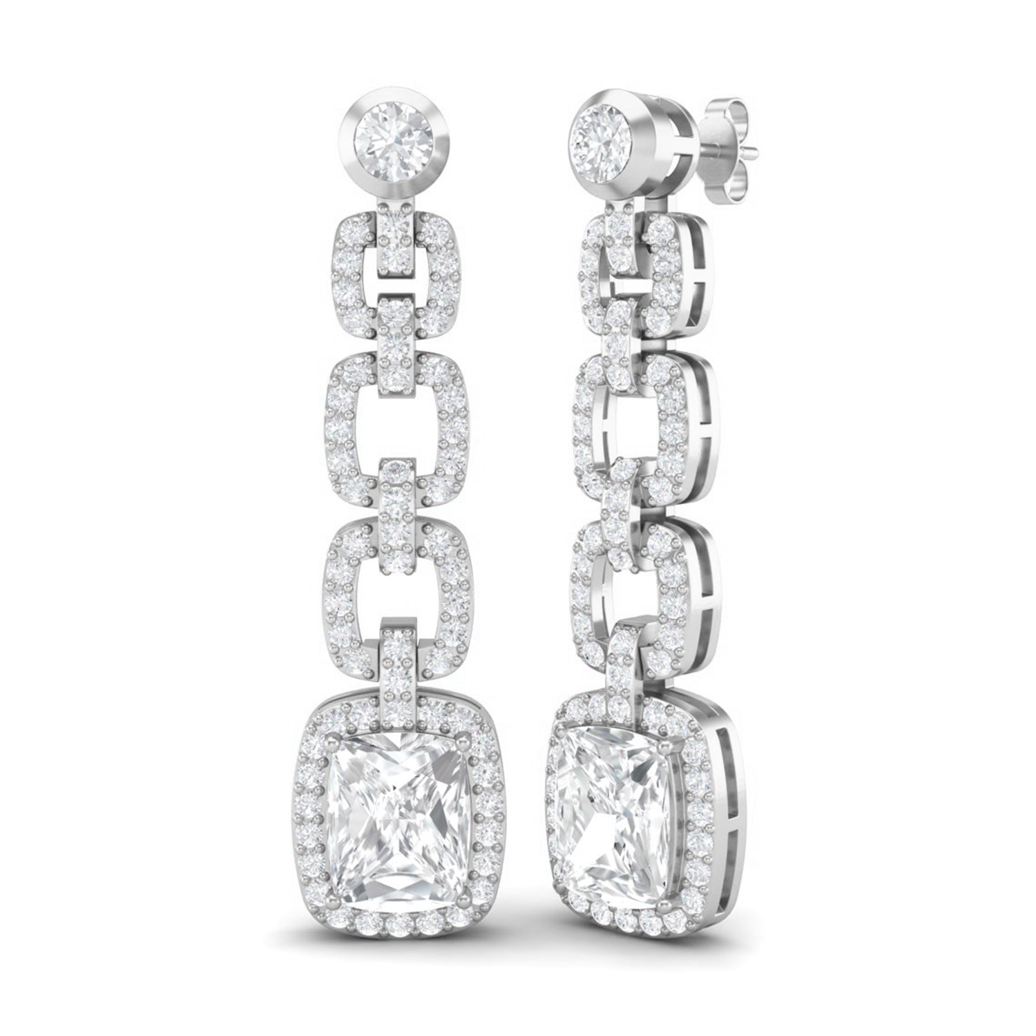 Moissanite Cushion Link Chandelier Earrings - Sterling Silver-2